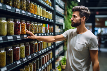 Wall Mural - young adult Caucasian man choosing a product in a grocery store. Neural network generated image. Not based on any actual person or scene.