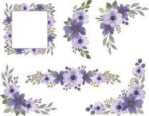 Wall Mural - purple elegant floral frame, arrangement of purple watercolor floral frame for wedding card