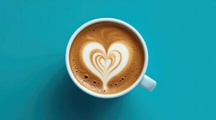 Cup of coffee latte art on blue background, top view. Coffee concept with a copy space.