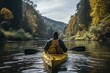 © SobrevolandPatagonia - Man paddling in river, relaxing environment.