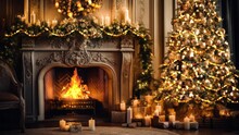 The Christmas Video Captures A Festive Scene With A Beautifully Decorated Christmas Tree And A Cozy Fireplace