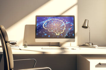 Wall Mural - Creative artificial Intelligence concept with human brain hologram on modern laptop screen. 3D Rendering