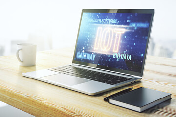 Aufkleber - Creative IOT illustration on modern computer monitor, future technology concept. 3D Rendering