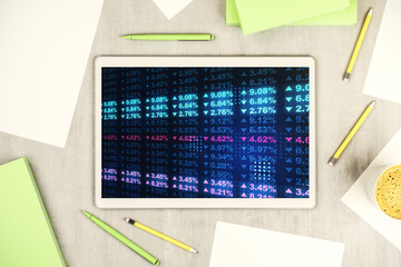 Poster - Modern digital tablet monitor with abstract creative statistics data hologram, statistics and analytics concept. Top view. 3D Rendering