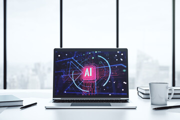 Poster - Computer monitor with creative artificial Intelligence abbreviation. Future technology and AI concept. 3D Rendering