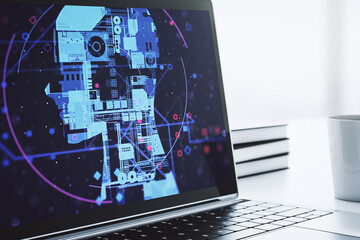 Poster - Modern computer monitor with creative artificial Intelligence symbol. Neural networks and machine learning concept. 3D Rendering