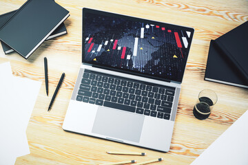 Aufkleber - Modern computer display with abstract financial graph with world map, financial and trading concept. 3D Rendering