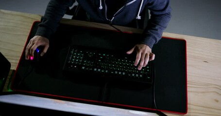 Poster - Computer, night gamer and man typing, playing or control online simulation game, cyber action or virtual gameplay. Keyboard, PC and above person focus on esport, digital world or next level challenge