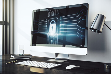 Poster - Modern computer monitor with creative lock hologram and chip. Information security concept. 3D Rendering