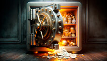 Bank Safe With Money And Gold Coins. Generative AI