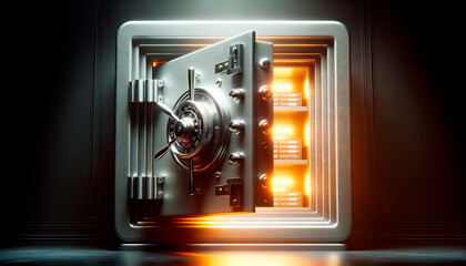 Poster - Opened steel safe with a combination lock on dark background. Generative AI