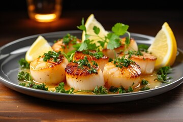 Luxury dish - grilled scallops with creamy espuma. Roasted scallop with cream sauce on plate. Delicacy seafood in restaurant menu - sea scallop