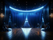 Blue stage curtain with spotlights in a dark room. Generative AI