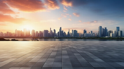 Wall Mural - photo taken of the floor with the skyline at sunrise in the background