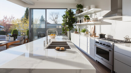 Wall Mural - A modern, minimalist kitchen with sleek white countertops and stainless steel appliances