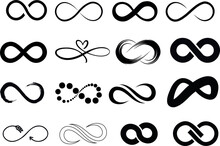 Infinity Symbols, Black And White, Vector Illustration Set. Various Infinity Shapes Including Curves, Lines, Twists. Ideal For Logo, Sign, Icon, Tattoo Template. Endless, Eternal Concept
