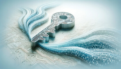 Poster - Key on circuit board with binary code. Digital security and data protection concept. Generative AI