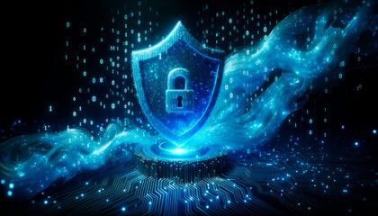 Poster - Cyber security concept. Shield with binary code background. Generative AI