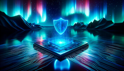 Poster - Cyber security concept with shield and abstract background. Generative AI