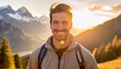 Male model in hiking gear standing infront of mountains with blurred background