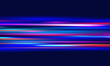 © Lidia - Colorful light trails with motion effect. Vector illustration of high speed light effect on black background. Bright Color Lines Very Fast Motion Design Background Blue Orange Horizontal.