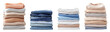Stacks of clean, folded, ironed clothes (jeans, T-shirts, jackets, sweaters) isolated on transparent background