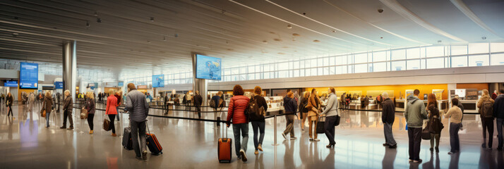 Poster - Bustling modern airport terminal with passengers, travel dynamics under ambient lighting