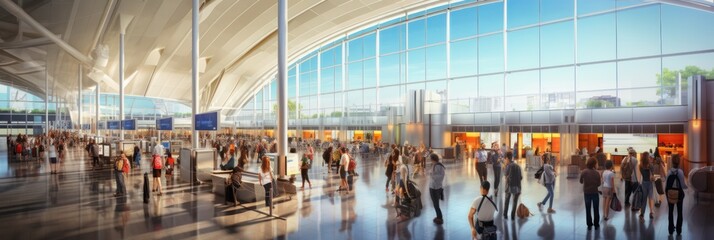 Poster - Bustling modern airport terminal illuminated by natural light, diverse passengers in motion.