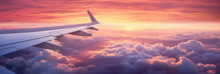 Poster - airplane window view showcasing a dramatic sunset sky, majestic clouds, and gleaming aircraft wing.