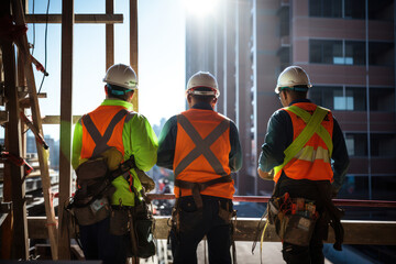 Poster - Construction workers in safety gear overseeing a site, with sunlight illuminating the urban backdrop