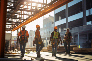 Poster - Construction workers in safety gear stride through an illuminated site, secure construction