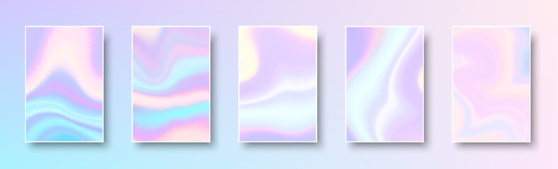 Wall Mural - Set of colorful hologram paper card. Abstract holographic wavy gradient mesh color backgrounds.