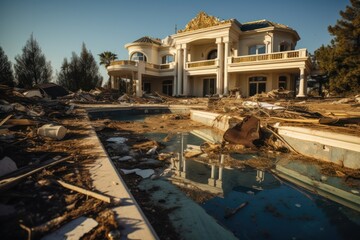 Poster - Close-up of Abandoned Villa Construction, Debris-Laden Pool, and Billboard's Empty Promises