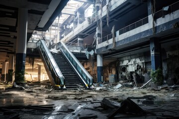 Poster -  Interior of an Unfinished Mall, Nowhere-Bound Escalators, and Grand Opening Promises Unkept