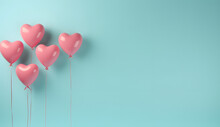 Five Light Pink Heart Shaped Balloons On A Light Azure Background. Valentine's Day Concept. Copy Space.