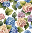 Watercolor hydrangea flower seamless pattern on transparent background