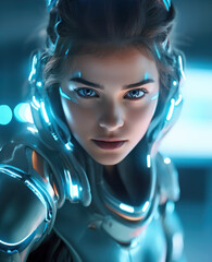 Poster - Close-up portrait of a young woman in advanced futuristic armor, illuminated by glowing blue light