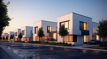 Modern Modular Private Townhouses. Residential Minimalist Architecture Exterior. A Very Modern Neighborhood, Late Afternoon Or Morning Shot. Generation AI