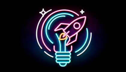 Poster - Neon rocket and lightbulb. Startup concept. Generative AI