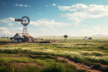 Solar farm in the middle of the steppe with a mill