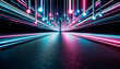 Futuristic background with neon lights and road. Generative AI