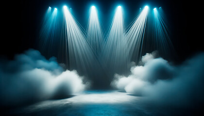 Stage with blue smoke and spotlights. Mockup. Generative AI