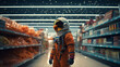 A man in an orange space suit walking through a grocery store aisle
