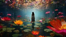 A Woman Standing In The Middle Of A Pond Surrounded By Water Lilies