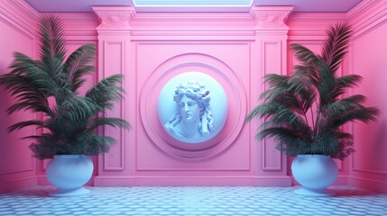 Wall Mural - A pink room with a statue of a woman with plants