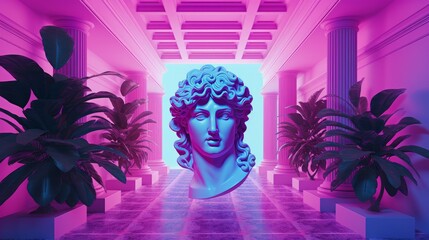 Wall Mural - A pink and blue statue of a bust of a woman with plants on a pink room