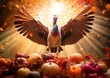 A surrealistic composition featuring a Thanksgiving turkey floating in mid-air, surrounded by a whim