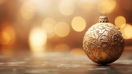 Canvas Print - A golden christmas ornament on a table, AI