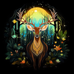 Wall Mural - Colorful Deer. Majestic fairy tale colorful deer head with decorative flowers. Generative AI