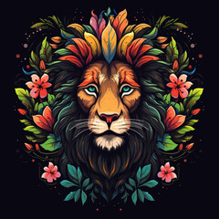 Wall Mural - Majestic fairy tale colorful Lion Head with decorative flowers in Watercolor style. Generative AI
